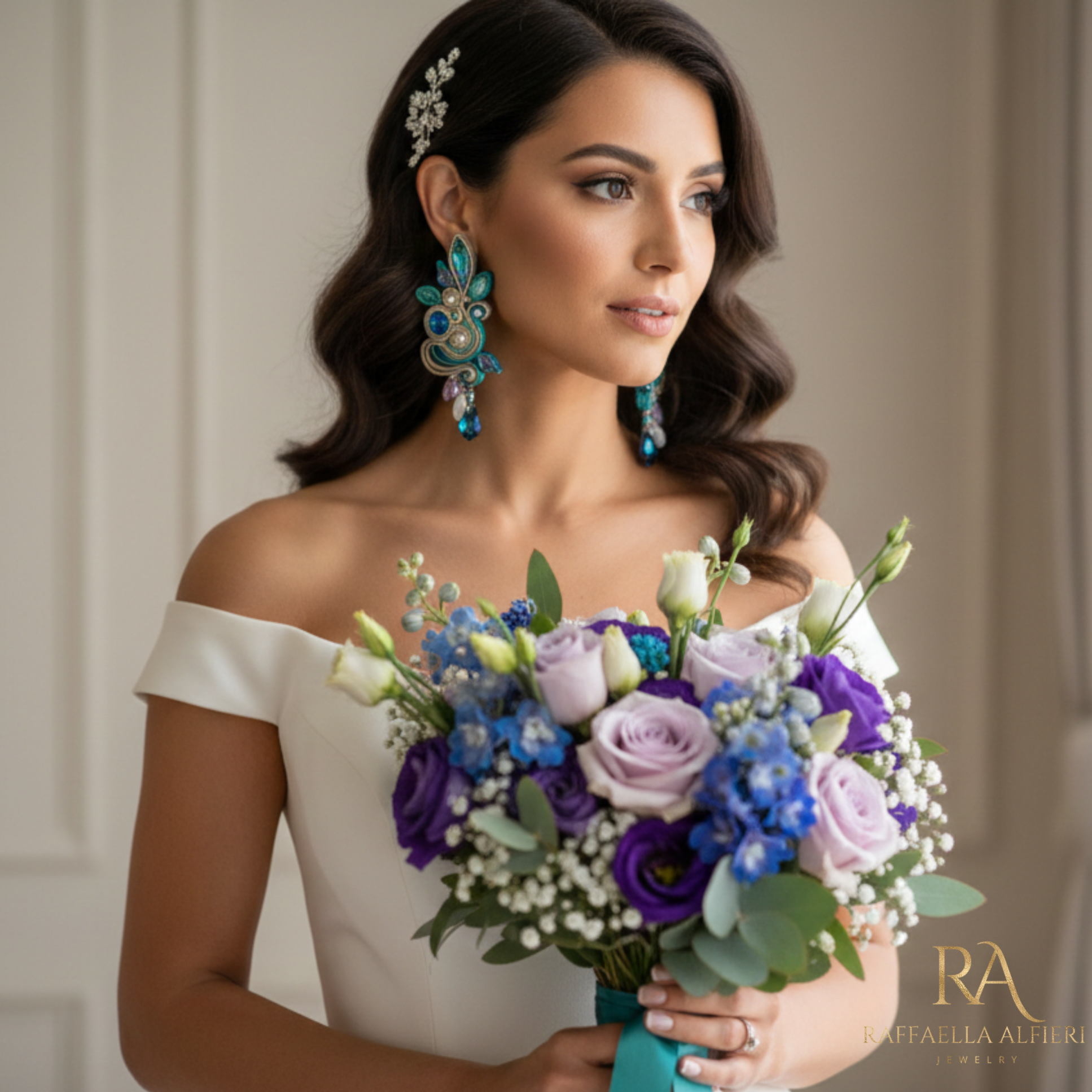 Orecchini grandi e leggeri da cerimonia e da sposa realizzati a soutache con cristalli austriaci di alta qualità e cabochon fatti a mano nei toni del blu, verde e lilla. Gioielli artigianali italiani di alta qualità. Gioielli unii per il tuo diorno speciale ed unico : proprio come te.