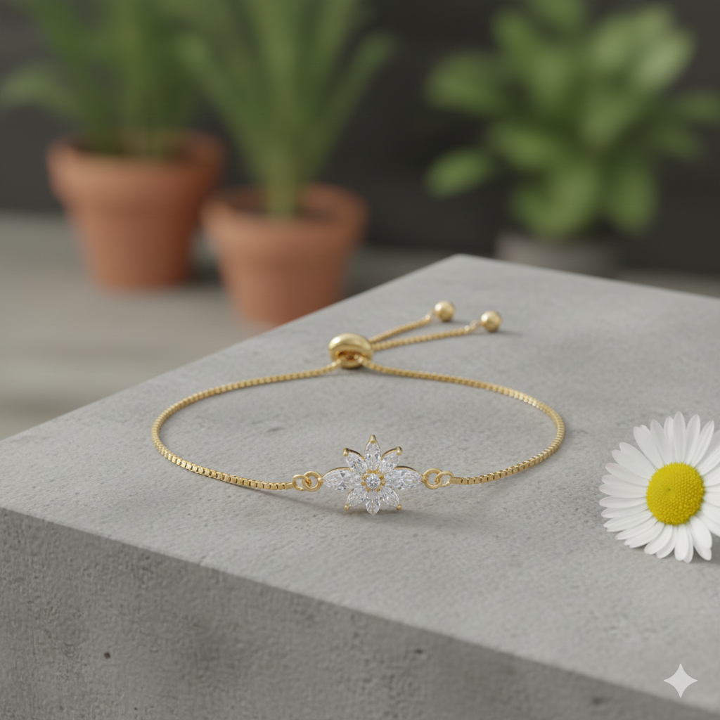 bracciale minimalista regolabile a tema floreale con diamanti sintetici zirconia AAA+ placcato oro 18K