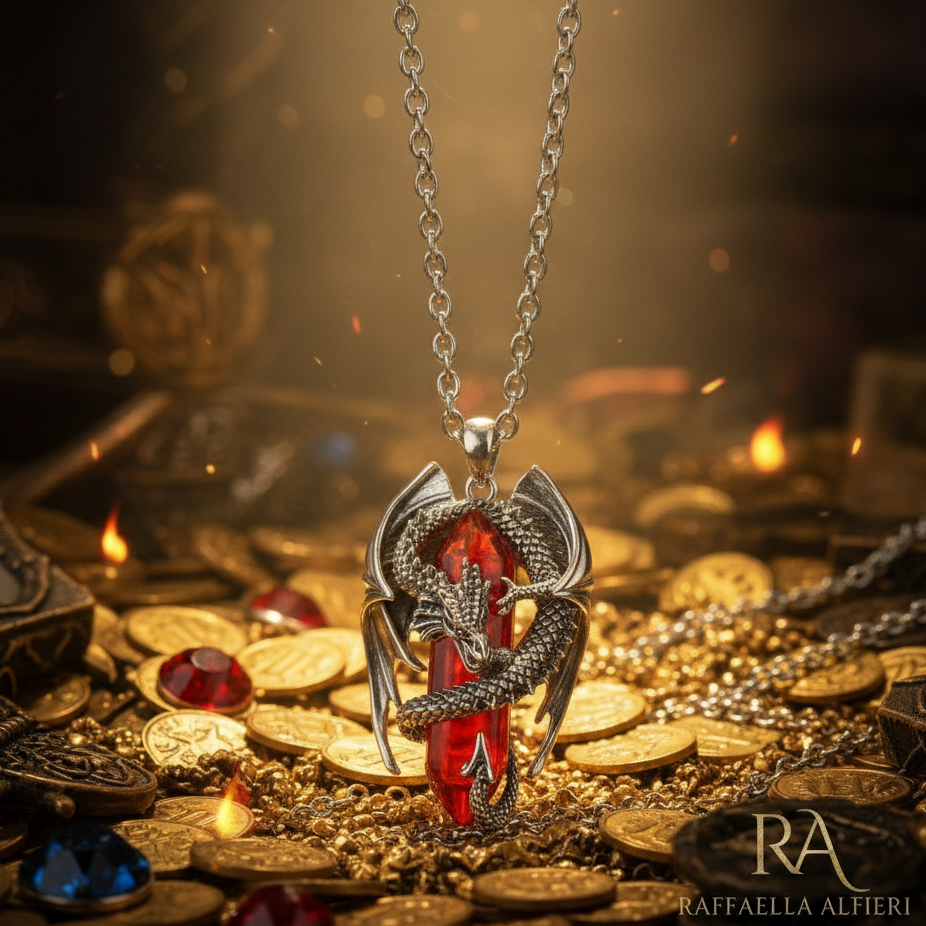 Collana in acciaio unisex con ciondolo  placcato argento 925 rodiato a forma di drago con cristallo rosso trasparente. Collana da uomo e da donna fantasy ispirata a Smaug de Lo Hobbit.