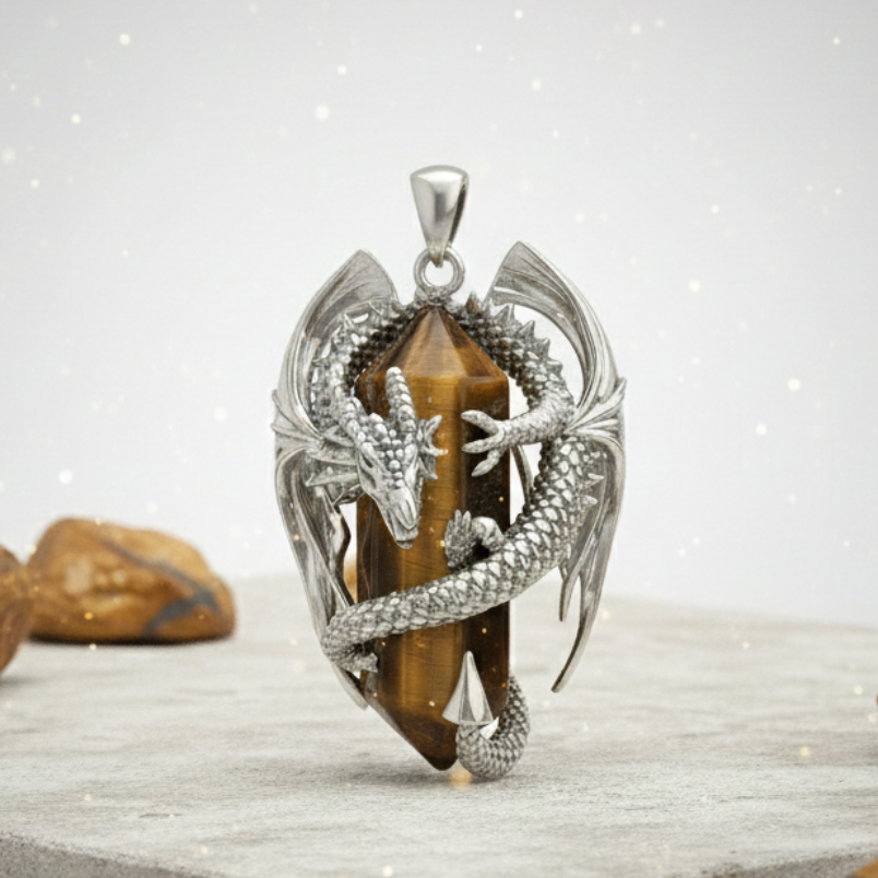 Collana in acciaio con pendente a forma di drago a forma do drago 3d che con le sue spire avvolge un prisma di pietra naturale occhio di tigre