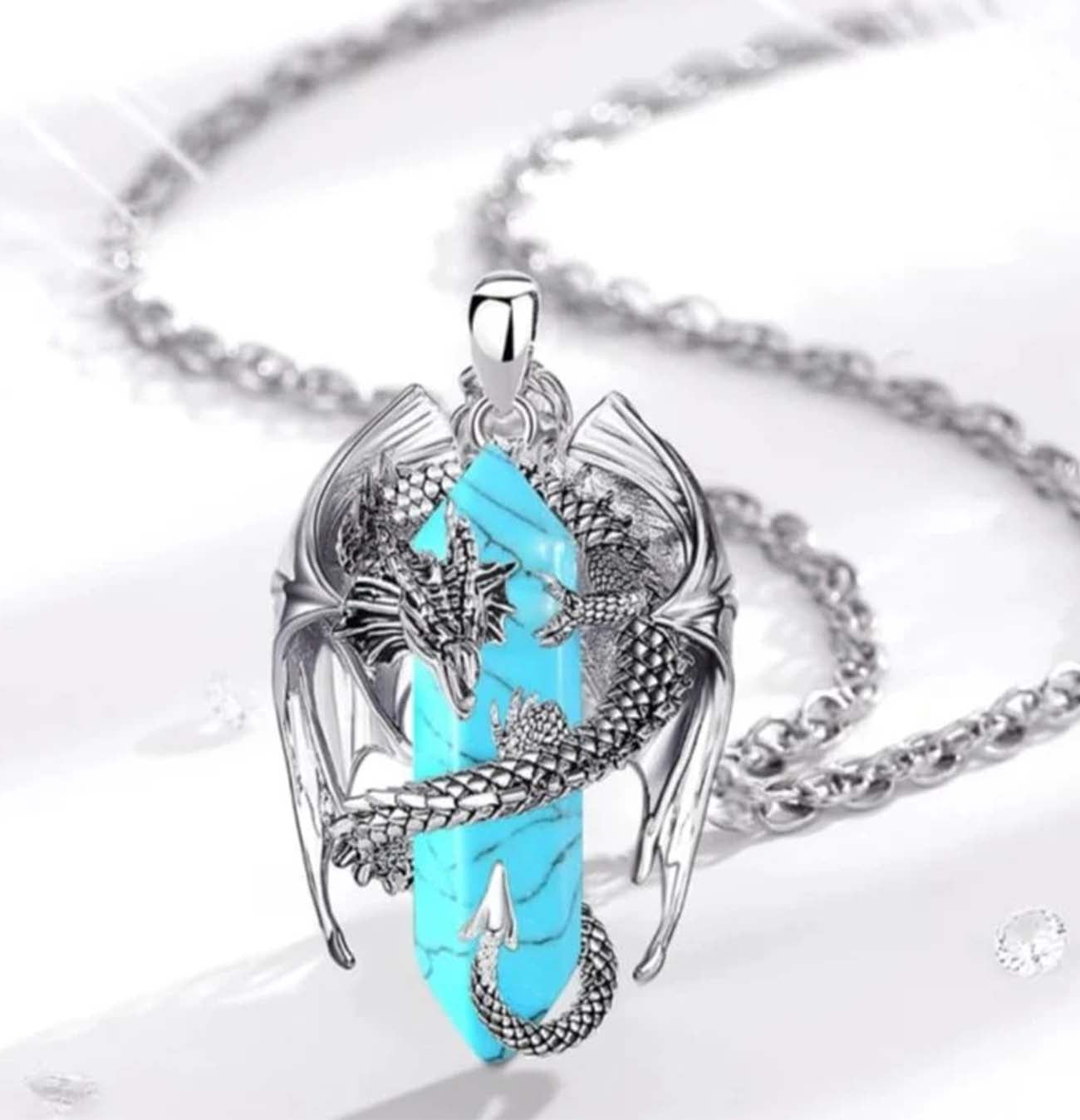 Collana unisex in acciaio con pendente a forma di drago 3D e prisma in turchese naturale