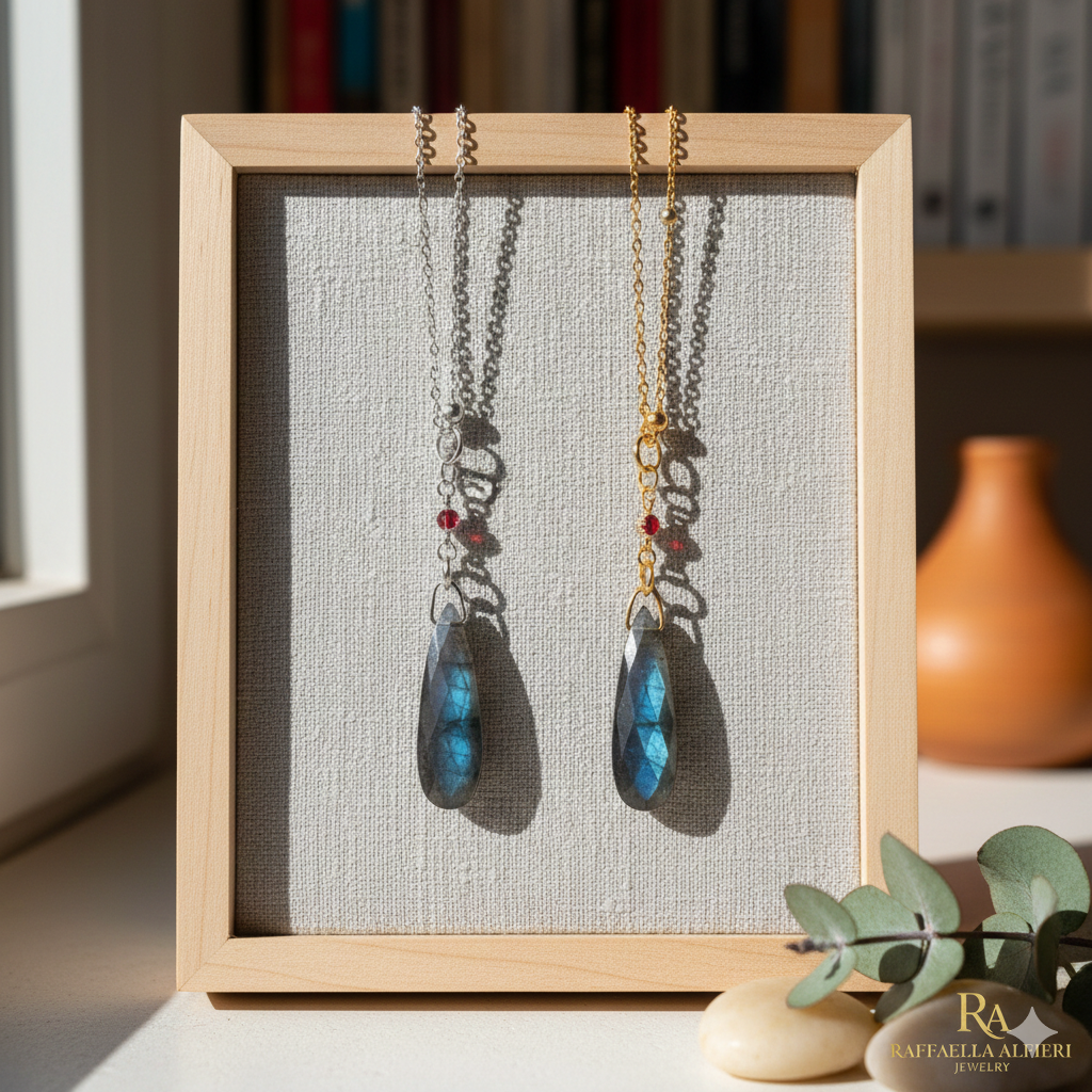 Collana in acciaio ispirata al mago Howl di Howl moving Castle dello Srudio Ghibli e realizzata in labradorite blu e piccolo zircone rosso, La collana è disponibile in 2 colori : argento e oro. La misura è  regolabile da 45 cm a 50 cm.