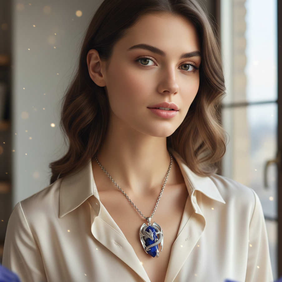 collana unisex in acciaio con ciondolo a forma di drago tra le cui spire stringe un prisma in lapislazzuli naturale. 