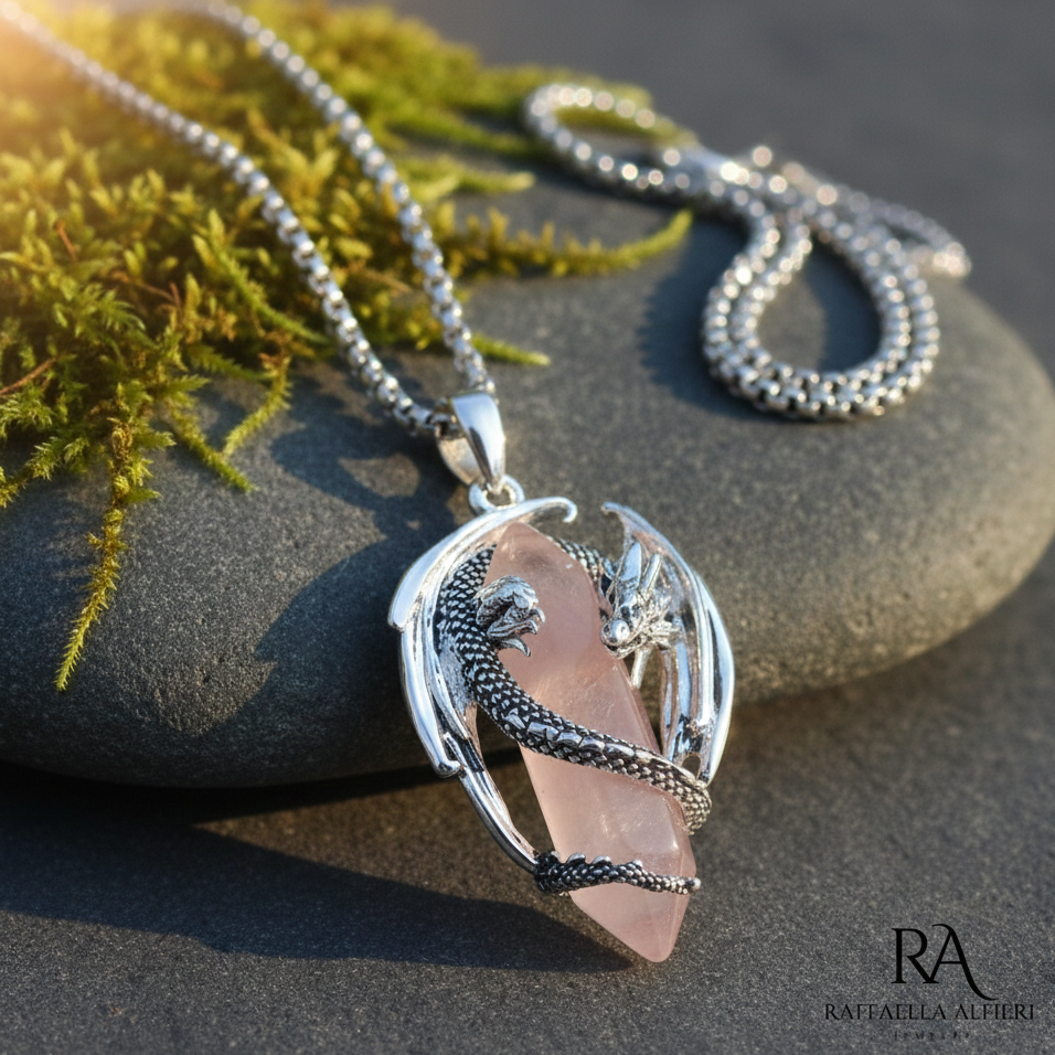 Aggiungi un tocco di magia e protezione al tuo stile con questa collana unica, dove la forza del drago incontra la dolcezza del cristallo naturale.

Caratteristiche Principali:
Pietra Naturale: Pendente in vero Quarzo Rosa a punta, noto come la pietra dell'amore incondizionato e della pace interiore

Materiali di Qualità: Realizzata in lega anallergica con finitura argent