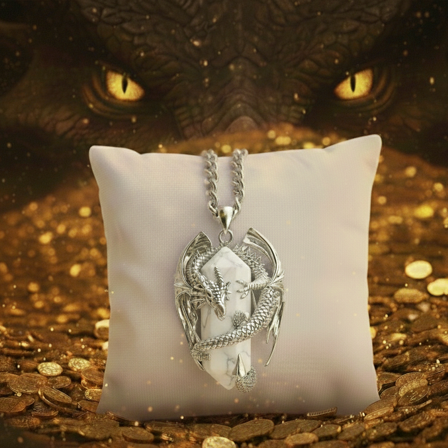 collana unisex in acciaio con ciodolo a forma di drago 3D in rame placcato argento 925 rodiato che avvolge tra e sue spire un prisma in Howlite bianca naturale. Ciondolo e catena in acciaio inossidabile. Simbolo di calma e protezione.
