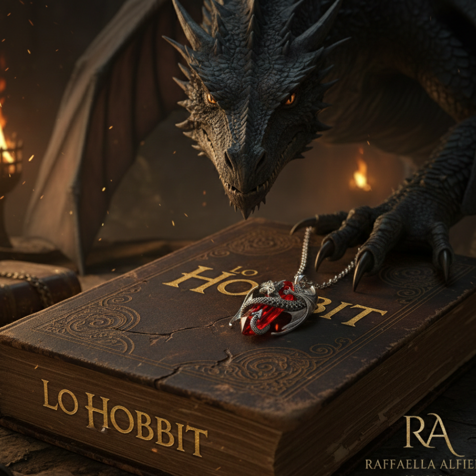 Collana in acciaio unisex con ciondolo  placcato argento 925 rodiato a forma di drago con cristallo rosso trasparente. Collana da uomo e da donna fantasy ispirata a Smaug de Lo Hobbit.