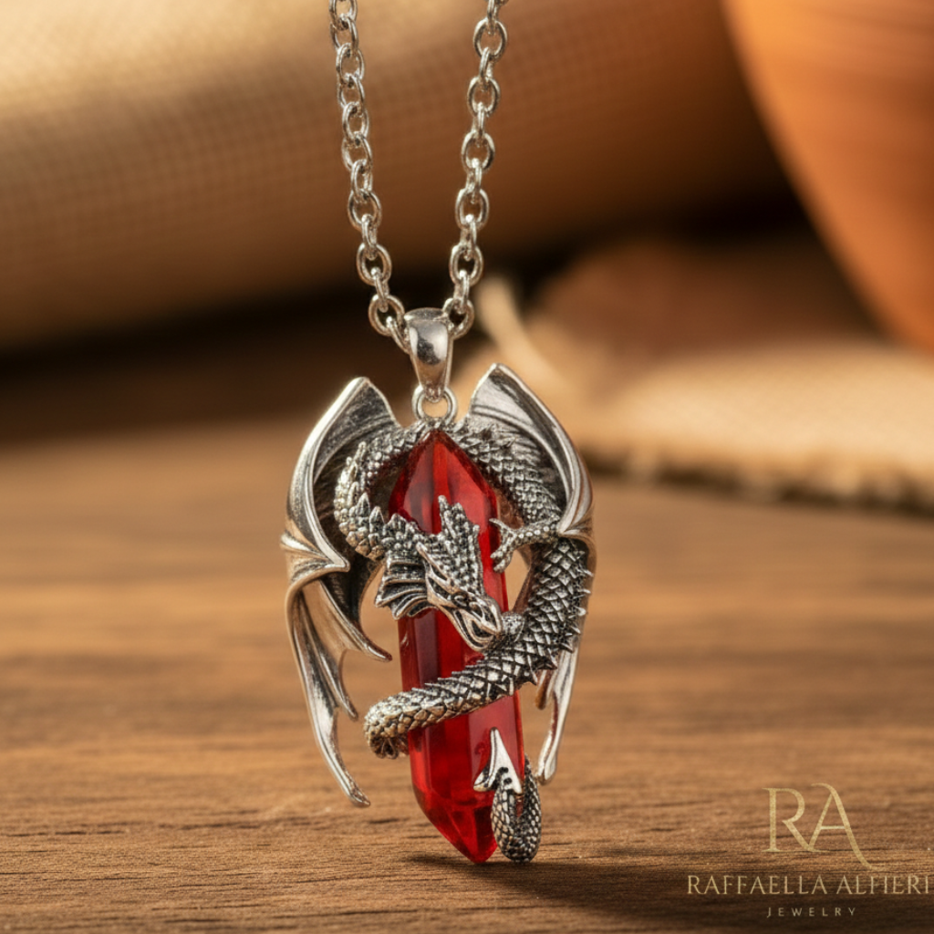 Collana in acciaio unisex con ciondolo  placcato argento 925 rodiato a forma di drago con cristallo rosso trasparente. Collana da uomo e da donna fantasy ispirata a Smaug de Lo Hobbit.