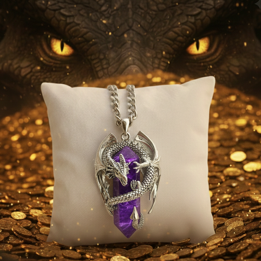 Collana fantasy unisex in acciaio con pendente 3D a forma di drago che avvolge nelle su spire un prisma di ametista naturale. La collana è durevole nel tempo, studiata per restare con te a lungo senza annerirsi mai.