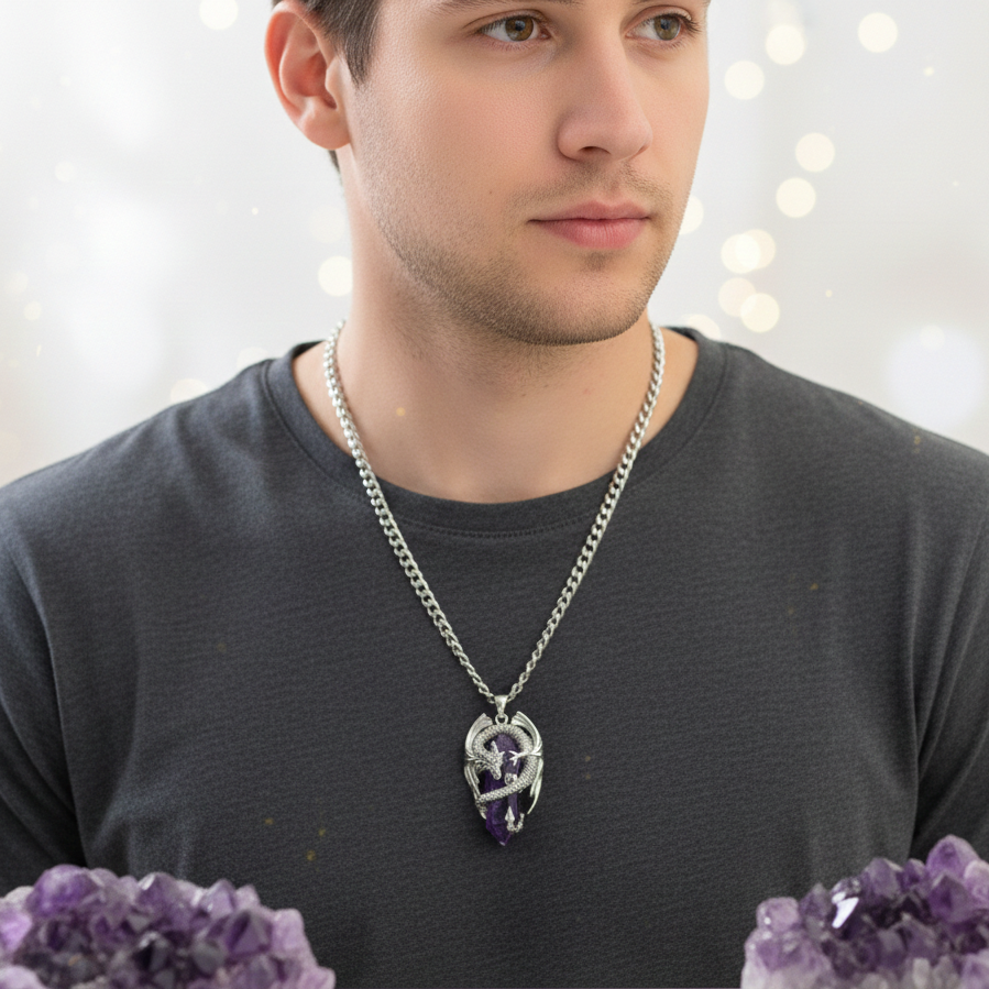 Collana fantasy unisex in acciaio con pendente 3D a forma di drago che avvolge nelle su spire un prisma di ametista naturale. La collana è durevole nel tempo, studiata per restare con te a lungo senza annerirsi mai.