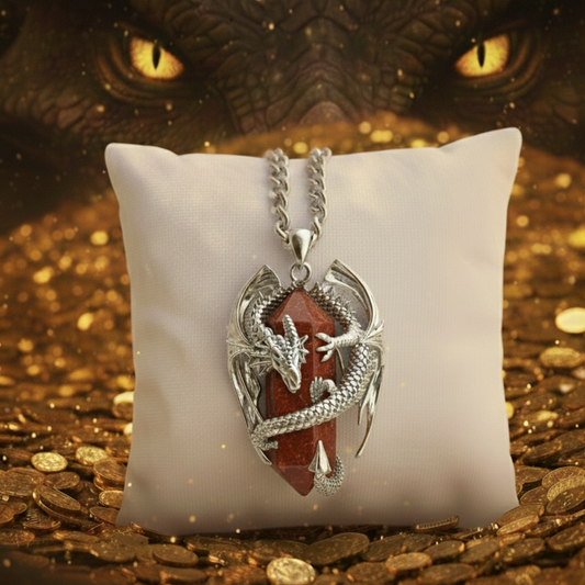 collana unisex in acciaio con pendente a forma di drago che avvolge un prisma di diaspro rosso naturale
