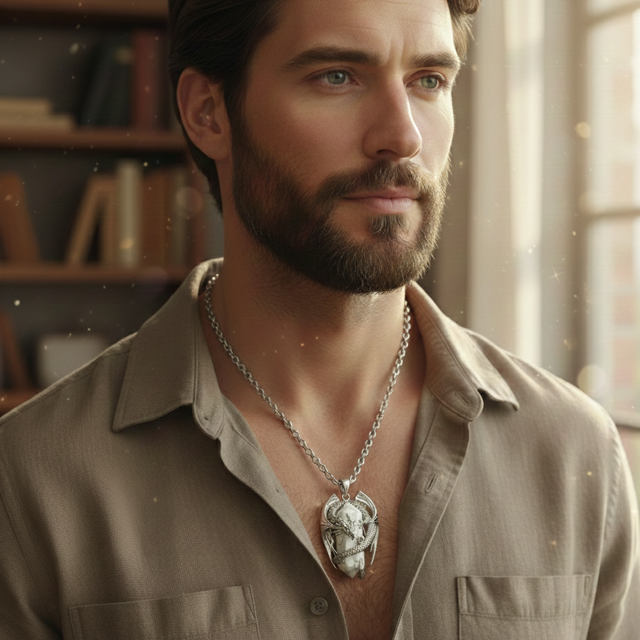 collana unisex in acciaio con ciodolo a forma di drago 3D in rame placcato argento 925 rodiato che avvolge tra e sue spire un prisma in Howlite bianca naturale. Ciondolo e catena in acciaio inossidabile. Simbolo di calma e protezione.