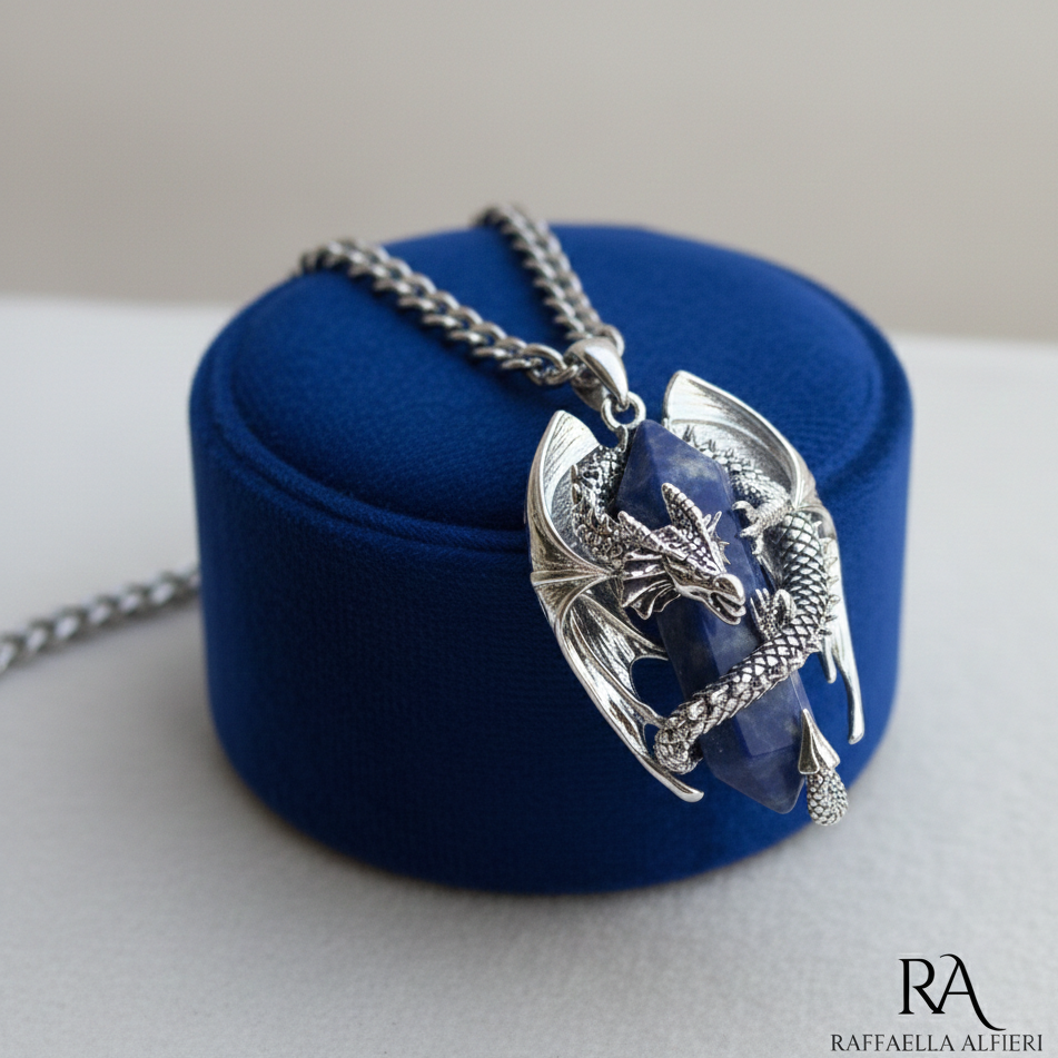 Collana in acciaio con ciondolo 3D a forma di drago in rame placcato argento 925 rodiato e pietra dura sodalite a forma di prisma avvolto dalle spire del drago. Collana da uomo e da donna per seguirti nelle ue avventure senza alterarsi mai!