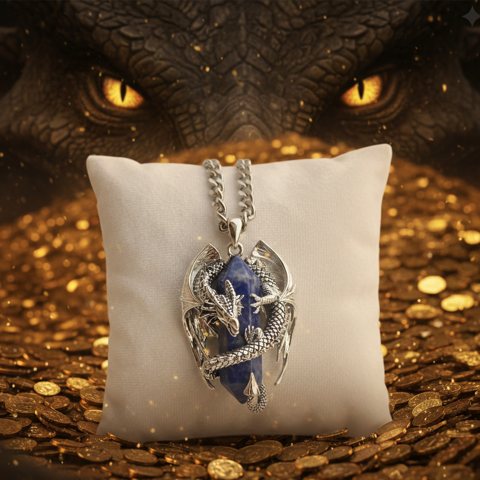Collana in acciaio con ciondolo 3D a forma di drago in rame placcato argento 925 rodiato e pietra dura sodalite a forma di prisma avvolto dalle spire del drago. Collana da uomo e da donna per seguirti nelle ue avventure senza alterarsi mai!