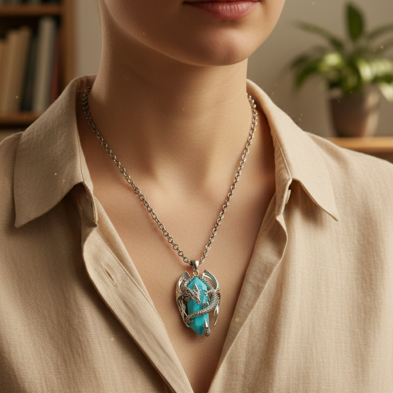 Collana unisex in acciaio con pendente a forma di drago 3D e prisma in turchese naturale