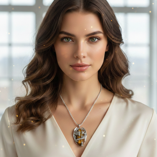 Collana in acciaio con pendente a forma di drago a forma do drago 3d che con le sue spire avvolge un prisma di pietra naturale occhio di tigre indossata da una modella