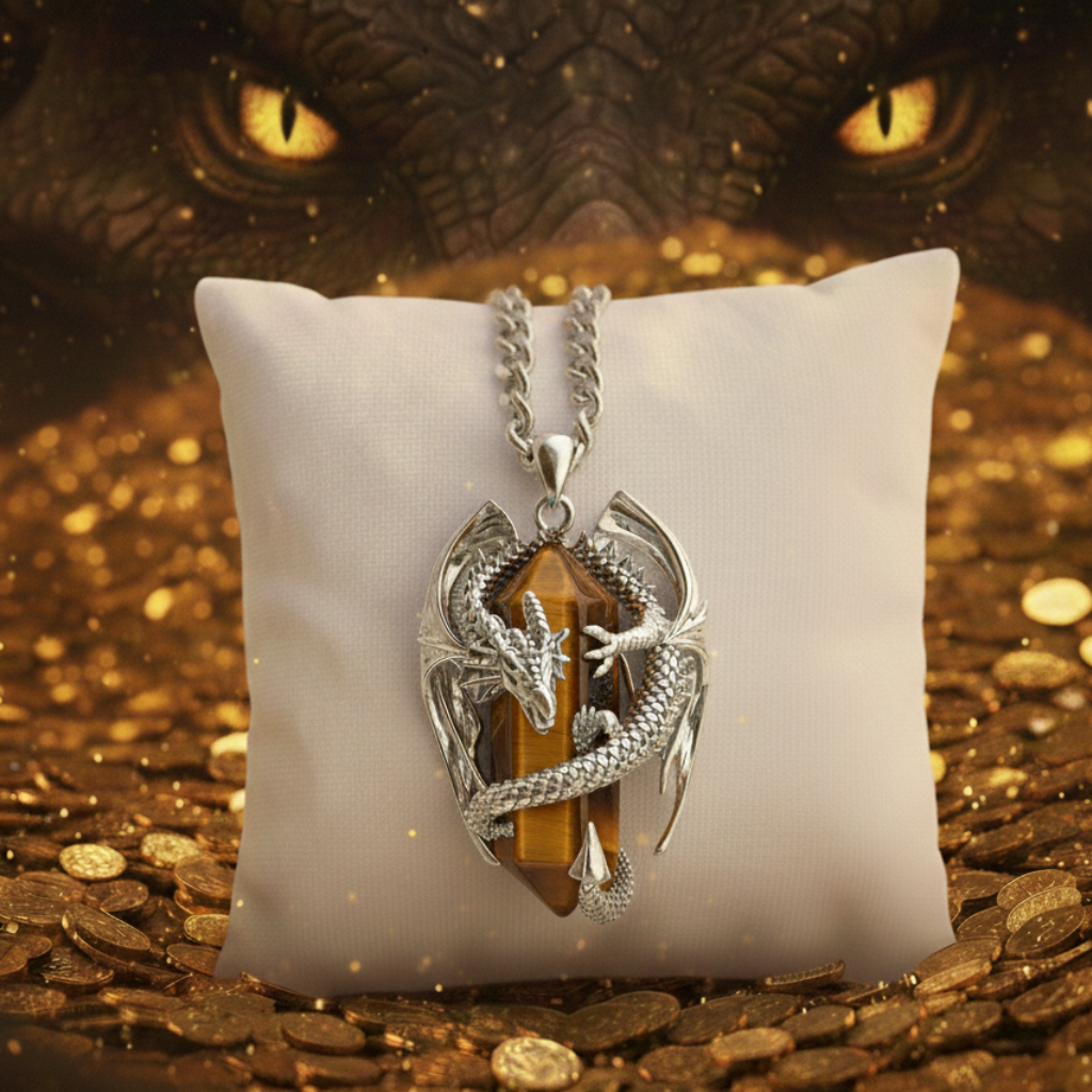 Collana in acciaio con pendente a forma di drago a forma do drago 3d che con le sue spire avvolge un prisma di pietra naturale occhio di tigre