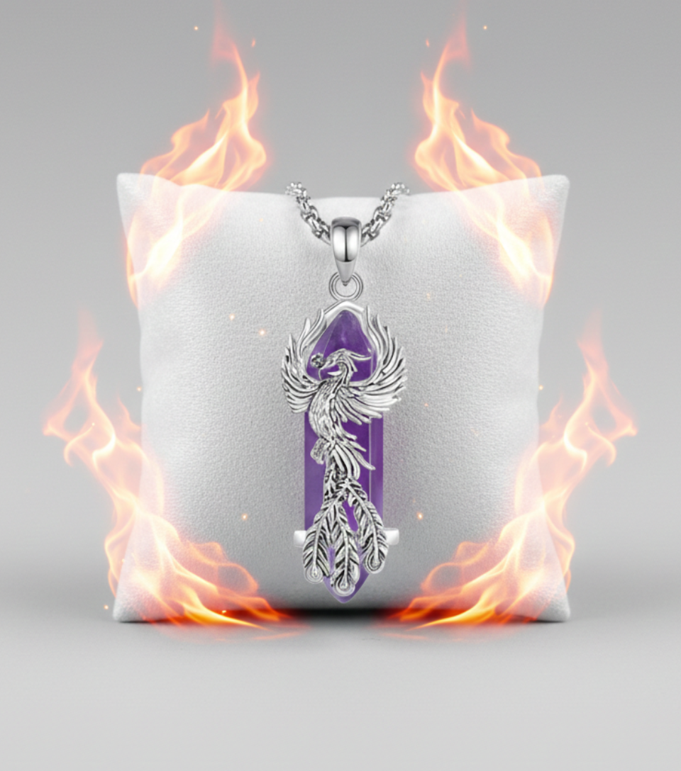 collana unisex in acciaio con ciondolo a forma di fenice in argento e prisma in ametista ispirata ad Harry Potter