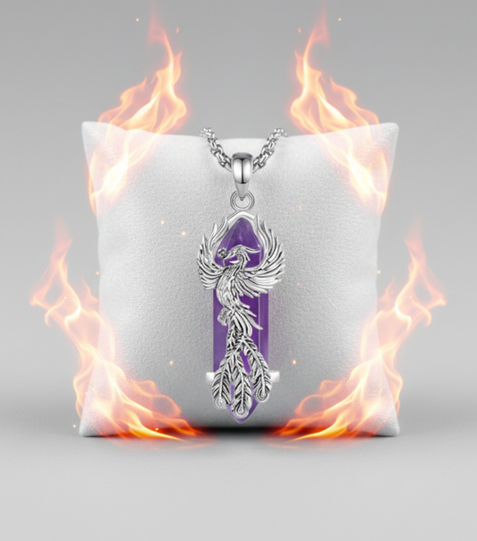 collana unisex in acciaio con ciondolo a forma di fenice in argento e prisma in ametista ispirata ad Harry Potter