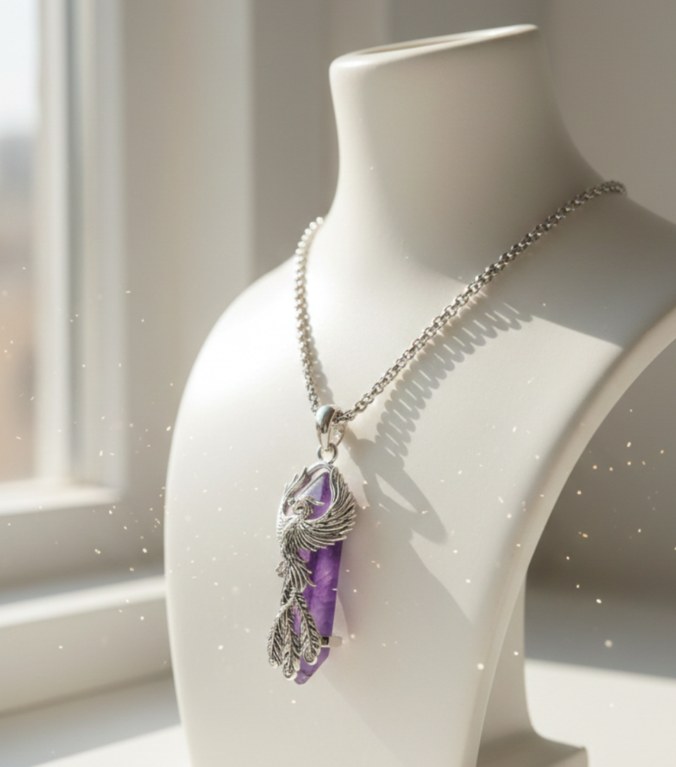 collana unisex in acciaio con ciondolo a forma di fenice in argento e prisma in ametista ispirata ad Harry Potter