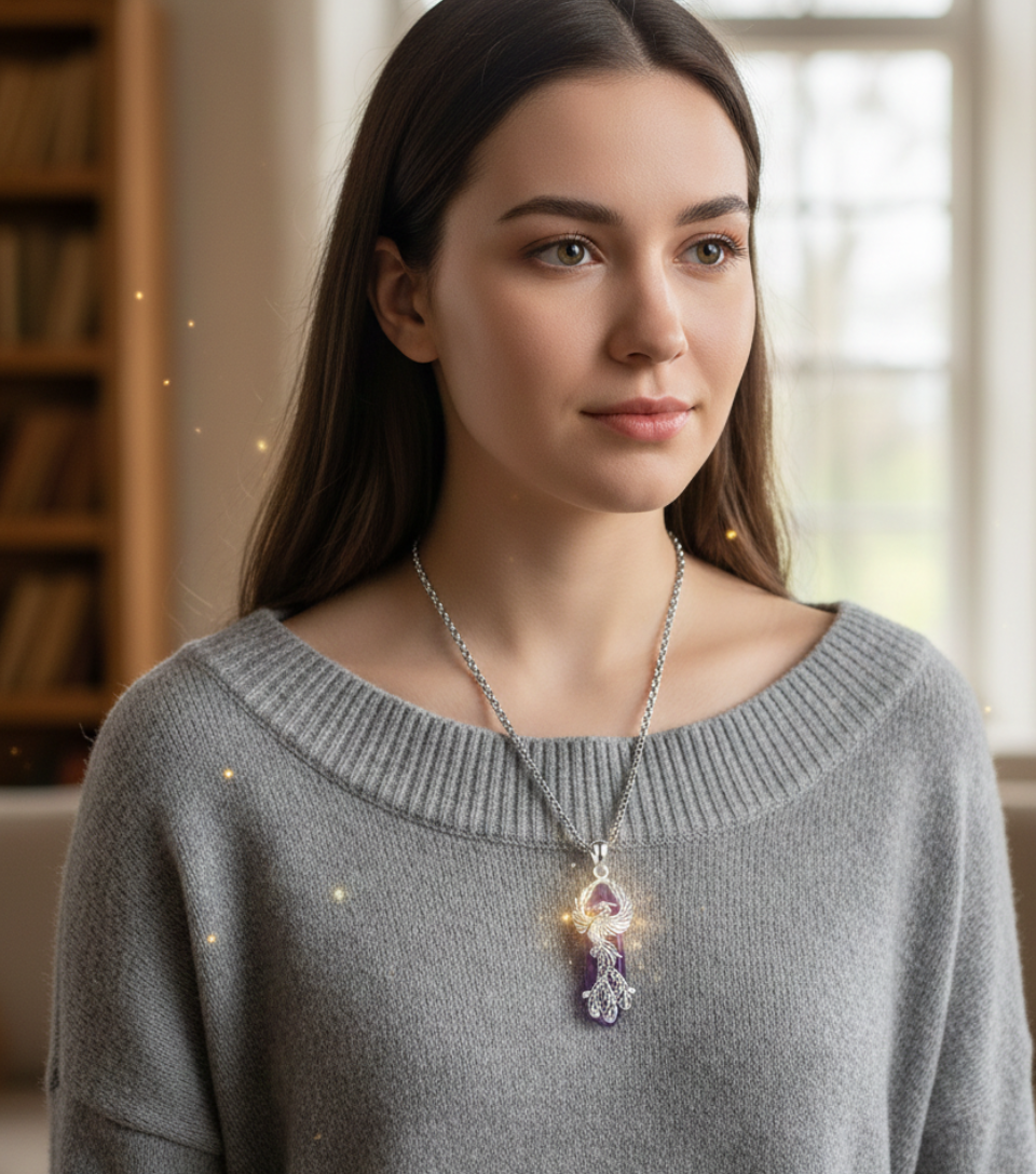 collana unisex in acciaio con ciondolo a forma di fenice in argento e prisma in ametista ispirata ad Harry Potter