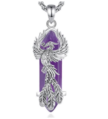 collana unisex in acciaio con ciondolo a forma di fenice in argento e prisma in ametista ispirata ad Harry Potter