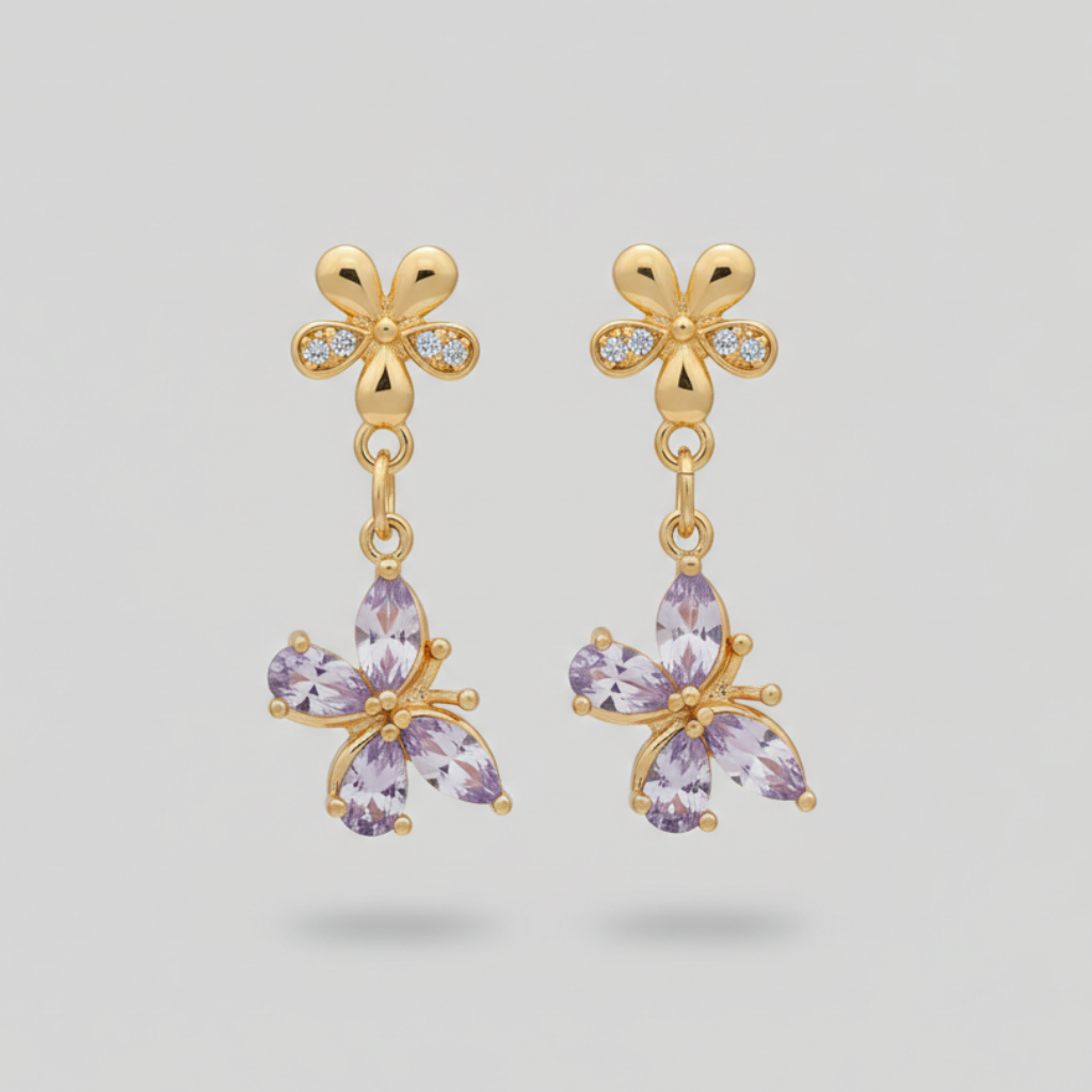 orecchini pendenti in cristallo lavanda a forma di farfalla con perni a forma di fiore placcati oro 18K anallergici.