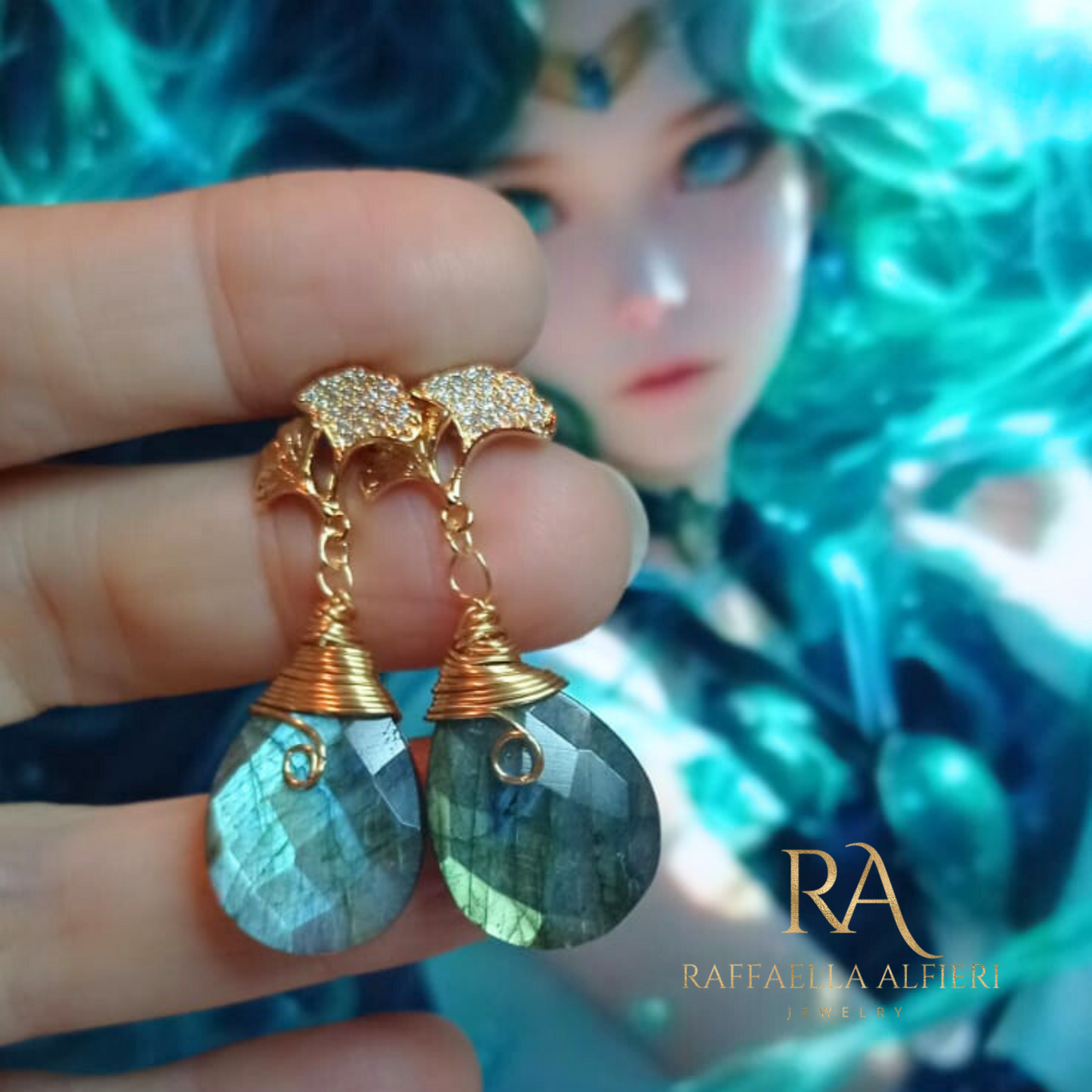 orecchini pendenti in labradorite verde