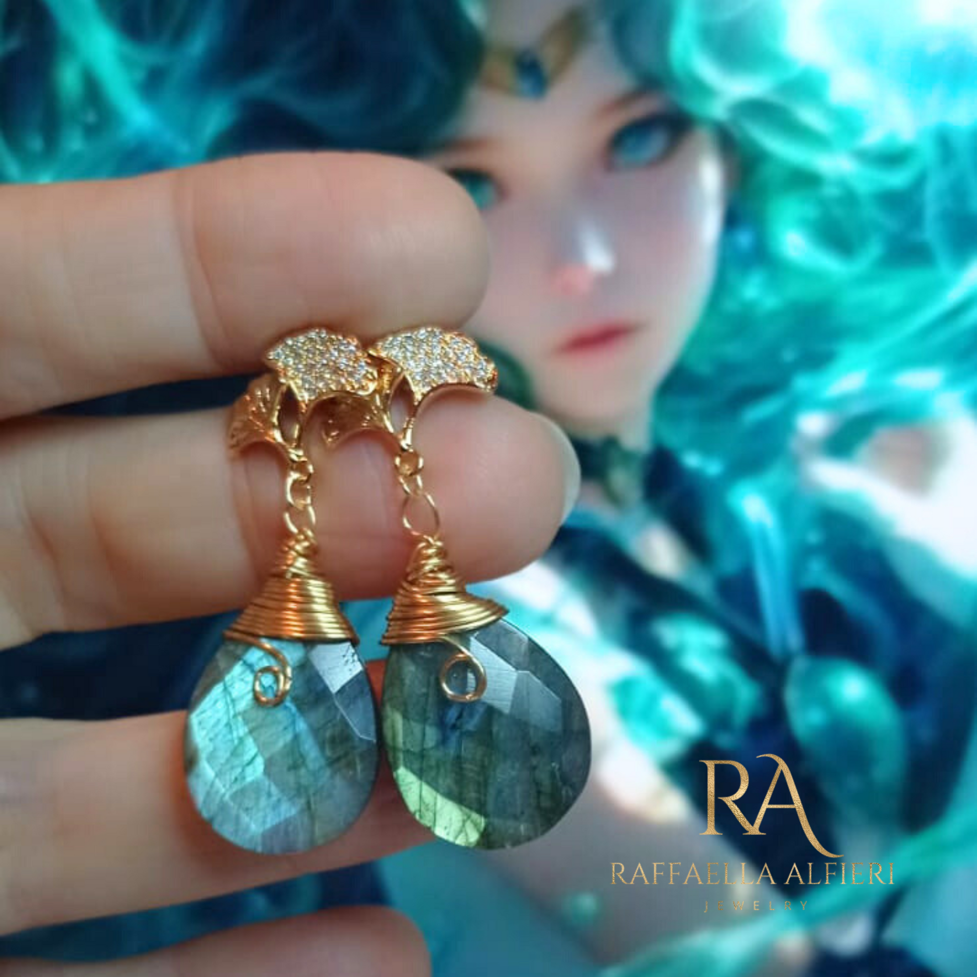 orecchini pendenti in labradorite verde