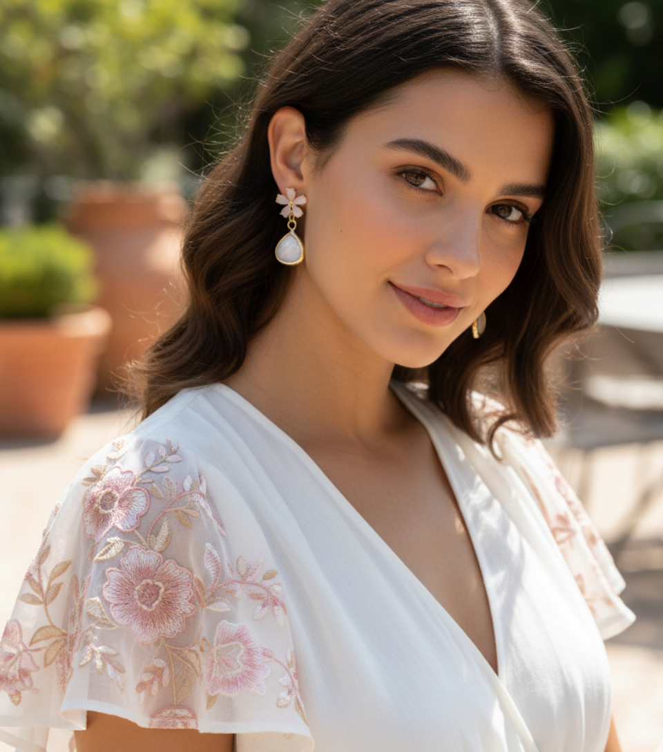 Orecchini pendenti in cristallo bianco opalescente e perni a fiore in cristallo placcati oro 18K