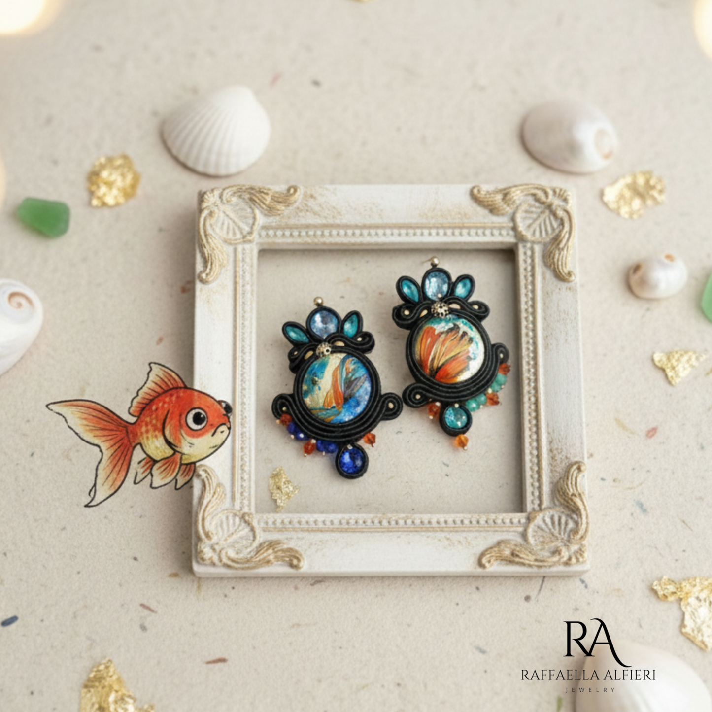 orecchini dipinti a mano su madreperla e foglia oro con pesci rossi. Orecchini a soutache artigianali made in Italy. Orecchini ispirati alla serie Bridgerton.