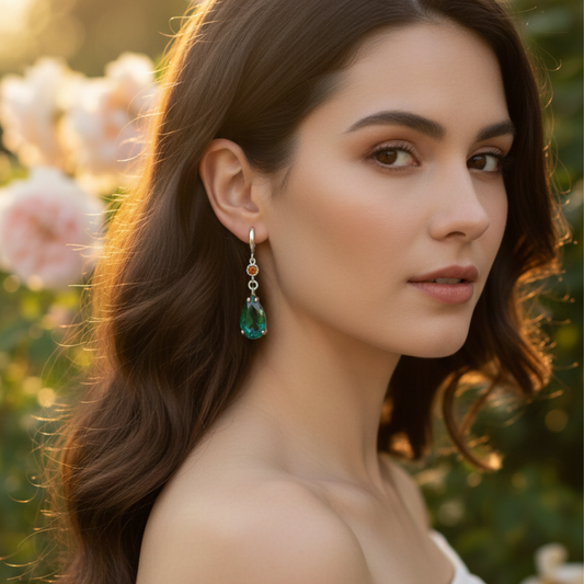 Orecchini ispirati ad Howl moving Castle dello studio Ghibli in acciaio color argento. Orecchini pendenti a goccia in cristallo verde smeraldo e zircone rosso. Gancio personalizzabile.