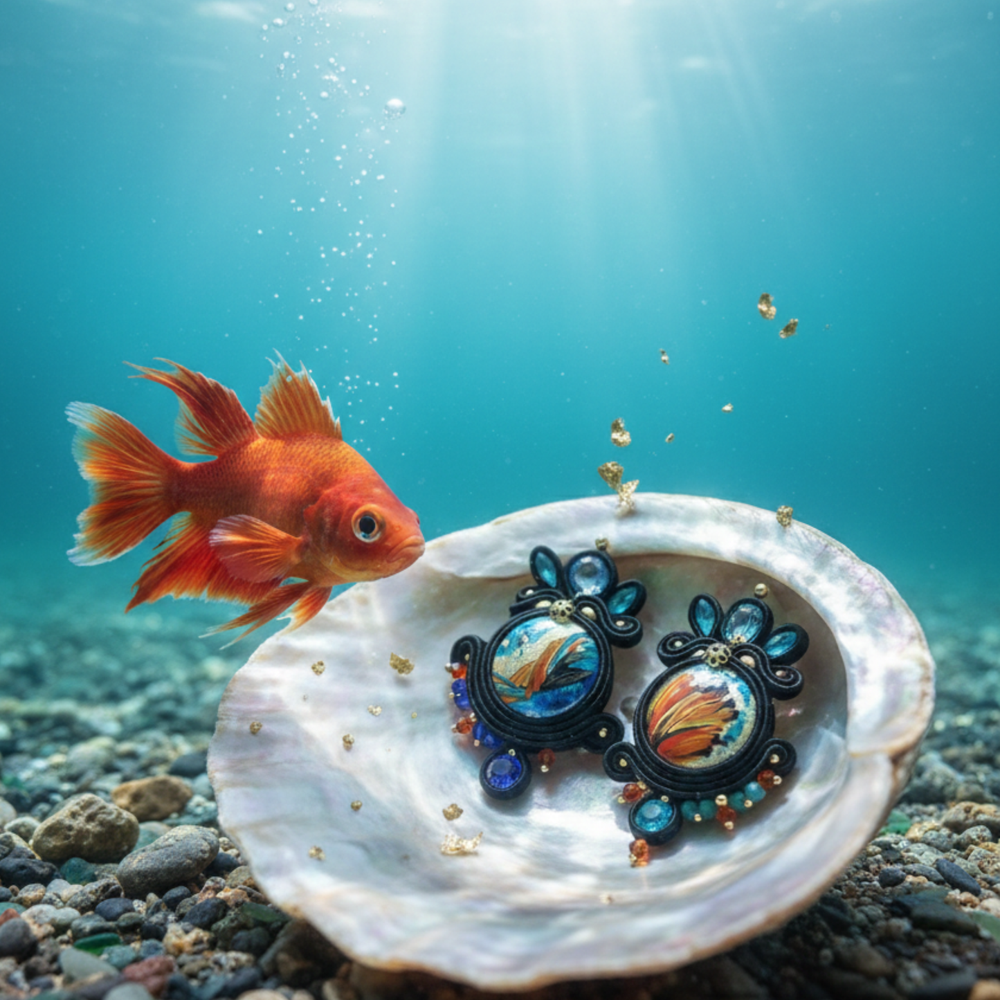 orecchini con pesce rosso particolari; orecchini ispirati a Bridgerton realizati in madreperla dipinta a mano e cristalli austriaci di alta qualità.
