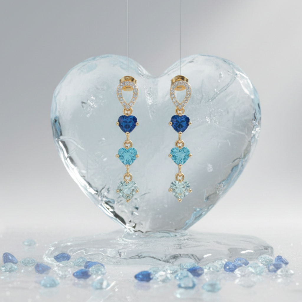 Orecchini pendenti con tre cuori in diamanti sintetici zircpne AAA+ nelle tonalità dell'azzurro ispirati all'anime Sailor Moon