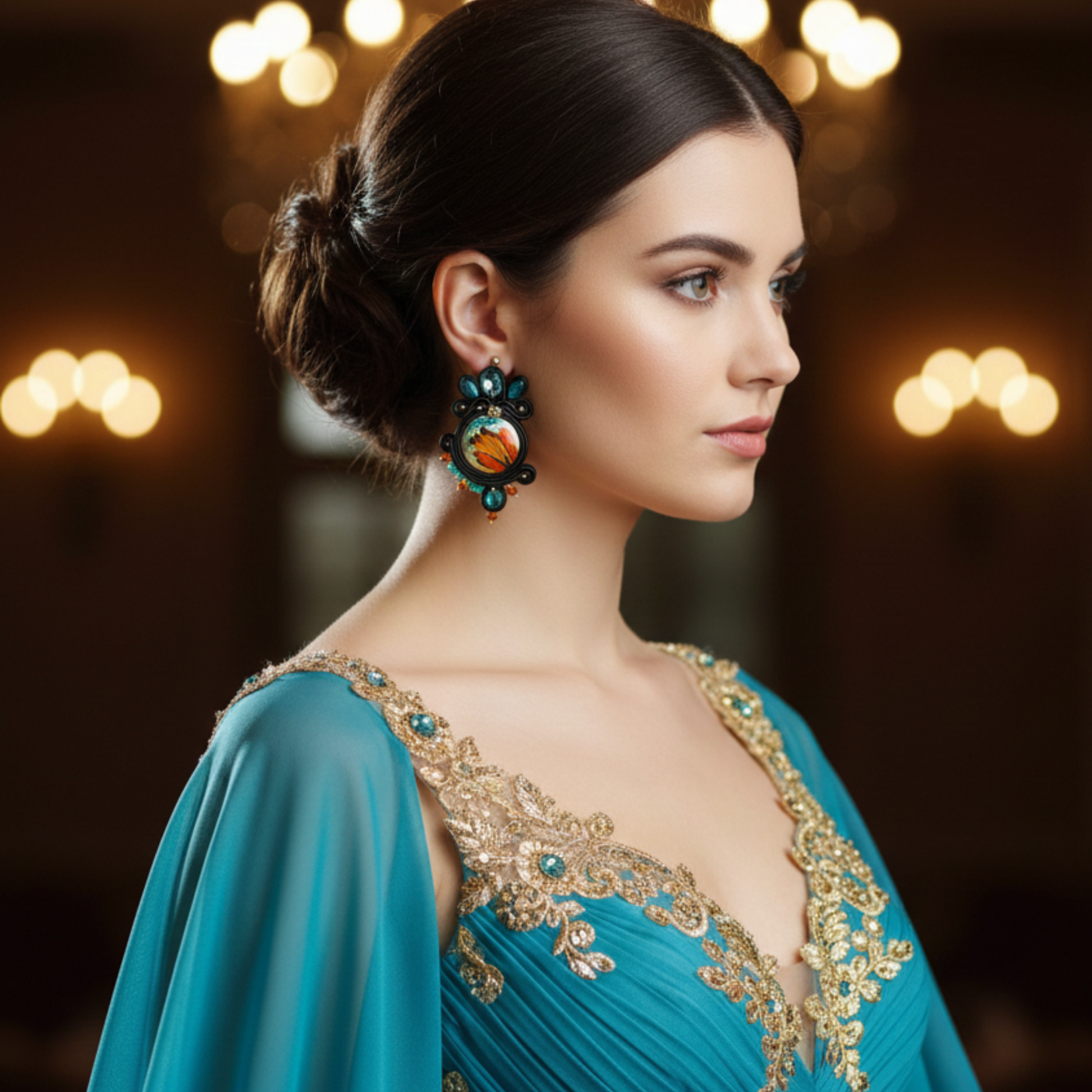 orecchini soutache azzurro e oro realizzati a mano con cristalli, madreperla dipinta a mano su foglia oro. Orecchini ispiati a Bridgerton.