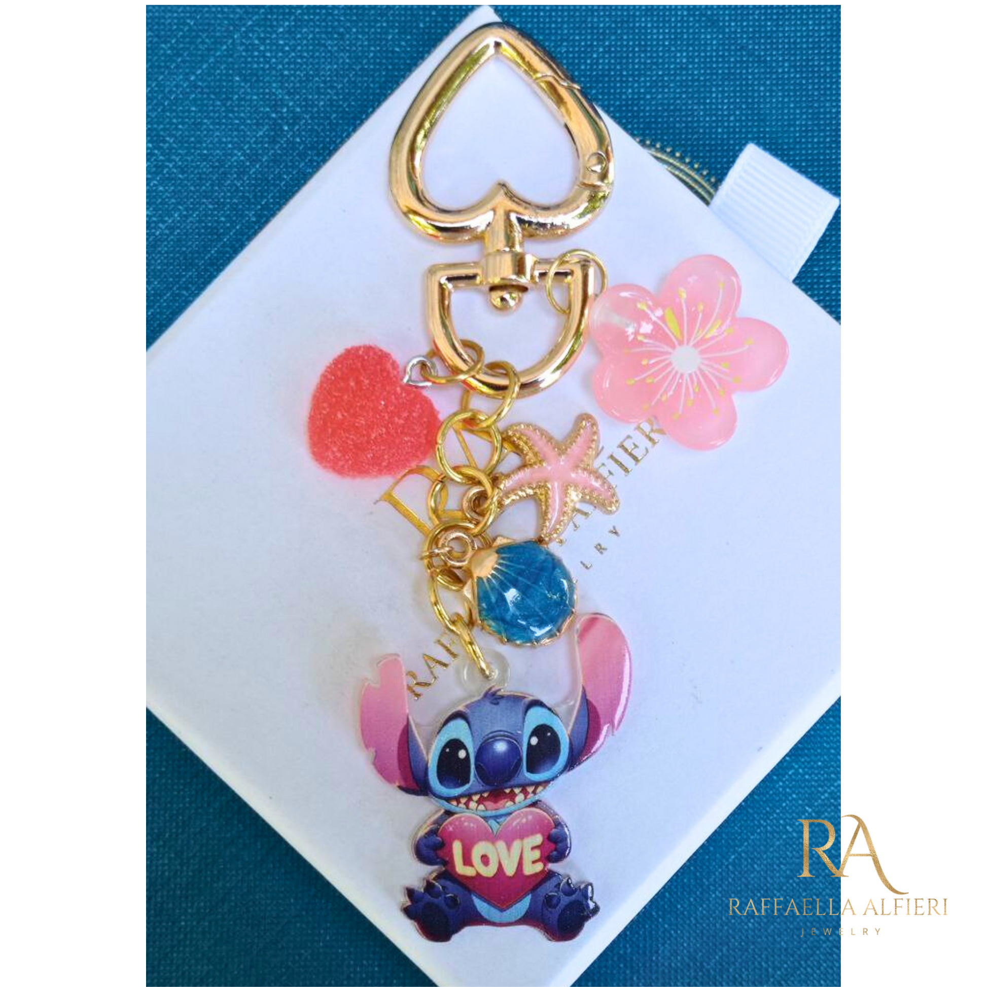 Portachiavi Stitch e Angel Disney con conchiglie dorate e stelle marine - Ciondolo per borsa Lilo & Stitch"