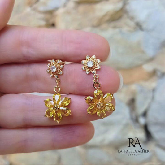 orecchini pendenti con fiore giallo in zirconi placcati oro 18 K